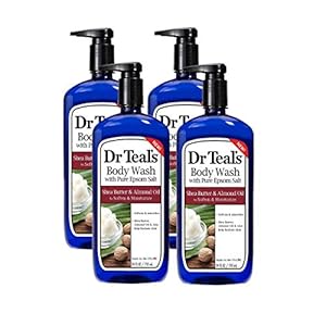 Dr Teal’s Epsom Salt Bath and Shower Body Wash with Pump – Shea Butter and Almond Oil – Pack of 4, 24 Oz Each – Soften and Moisturize Your Skin, Relieve Stress and Sore Muscles