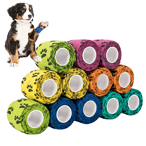 Nasjac Huisdier Zelfklevend verband, 12 rollen Huisdier Dierenarts Wrap Tape Niet-geweven samenhangende gaasrollen voor hond Kat Dieren Sporttape voor polsgenezing Enkelverstuiking en zwelling, 2 