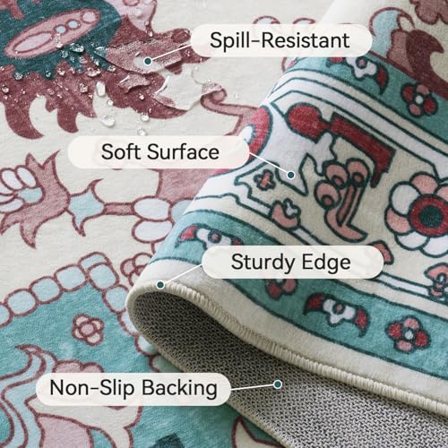 Lofus 8x10 Area Rugs, Large Area Rug for Living Room, Floral Washable Area Rug for Bedroom, Office, Dining Room, Non-Slip Vintage Boho Rug, Low-Pile Soft Carpet, Traditional Oriental Style, Light Blue