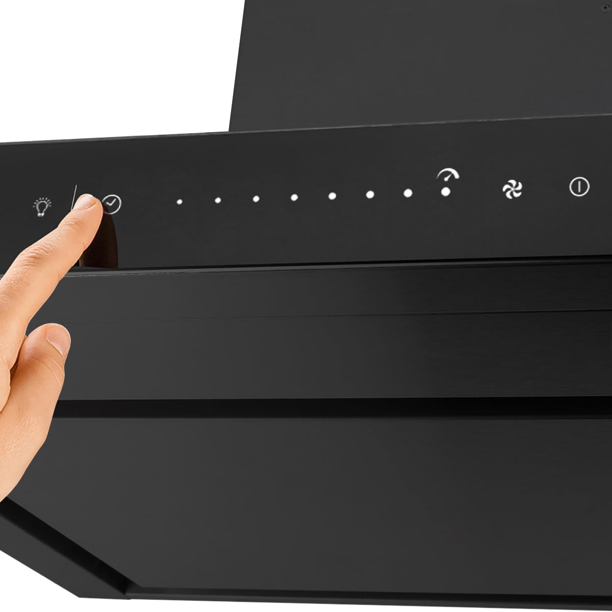 KKT KOLBE A+++ Cappa aspirante 90 cm 680 cbm/h Isola di scarico dell'aria nera vetro Smart WiFi App Wi-Fi Funzione di ricarica automatica SensorTouch con filtro a carbone FLAT-INSEL-6S