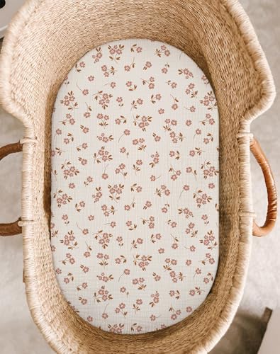 Image of Bassinet Sheet for Baby Boy and Girl 2 Pack, Fitted Sheets for Rectangle, Oval, Hourglass Bassinet Mattress, Muslin Moses Basket Sheets with Neutral Style (Floral & Pink)