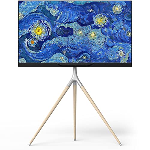 ONKRON Easel TV Stand for 32-65 Inch Screen up to 77 lbs, Height Adjustable TV Tripod Stand with Swivel, Corner TV Floor Mount max VESA 400x400, Modern Floor TV Stand, Beech Wood Legs White