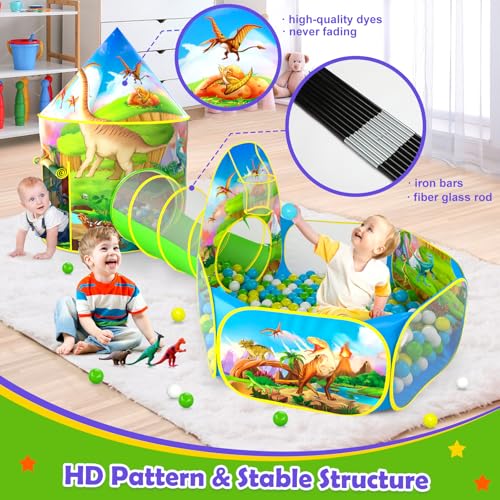 Image of PigPigPen 3pc Dinosaur Play Tent for Kids, Baby Ball Pit, Crawl Tunnel, Castle Tents for Toddlers, Children Indoor & Outdoor Playhouse Toys, Perfect Kid's Gifts