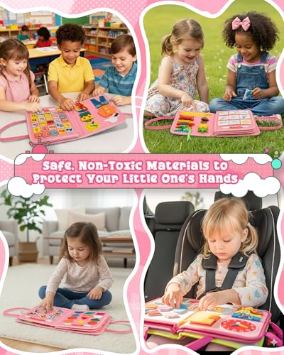 Image of Pink Montessori Busy Board for Toddlers,8-Page Sensory Activity Book for Fine Motor Skills & Basic Dress Learning, Portable Travel Toy for Preschool Kids, Portable Travel Gift for Preschool Girls