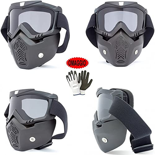DESCRIZIONE E CARATTERISTICHE PRODOTTO: Mascherina visiera da casco moto, scooter, motocross, sci, paintball con occhiali fume' rimovibile. La maschera da casco è composta da 2 parti separabili che permettono di usare anche esclusivamente gli occhiali ed all'occorrenza aggiungere la copertura della bocca. Colore: Nero. Lente: Fume'. Compatibilità: Casco JET,DEMI JET, INTEGRALE, MODULARE E CROSS. - OMAGGIO GAUNTI DA LAVORO ANTISCIVOLO