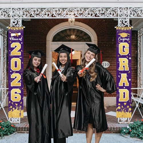 Image of 2026 Graduation Party Decorations - Purple Gold Class of 2026 Congrats Grad Porch Sign Banner Hanging Flag Graduation Party Supplies for School College Classroom Decor