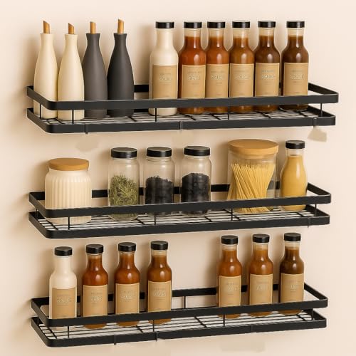 Image of Craftize Mstore Wall-Mounted Spice Rack Organizer Pack of 3 - Black Iron Kitchen Hanging Shelf with 5 S-Hooks for Utensils - Sizes 17 inch, 16 inch & 15 inch Inches (Three Different Sizes)