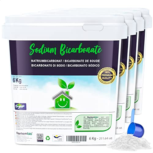 Nortembio Bicarbonato de Sodio sin aluminio 4x6 Kg. Origen 100% Natural para Limpieza Multiusos. Elimina Olores y Suciedad. Cocina, Baño, Textiles. E-Book Incluido