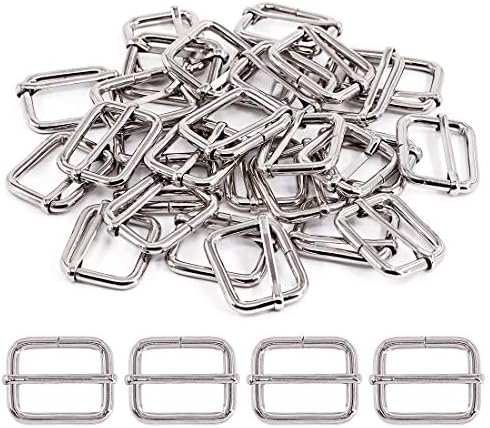 Swpeet 60Pcs 1 Inch / 25mm Sliver Heavy Duty Metal Rings Metal Rectangle Adjuster Triglides Slides Buckle, Roller Pin Buckles Slider Strap Adjuster Keychains for Belt Bags DIY Accessories