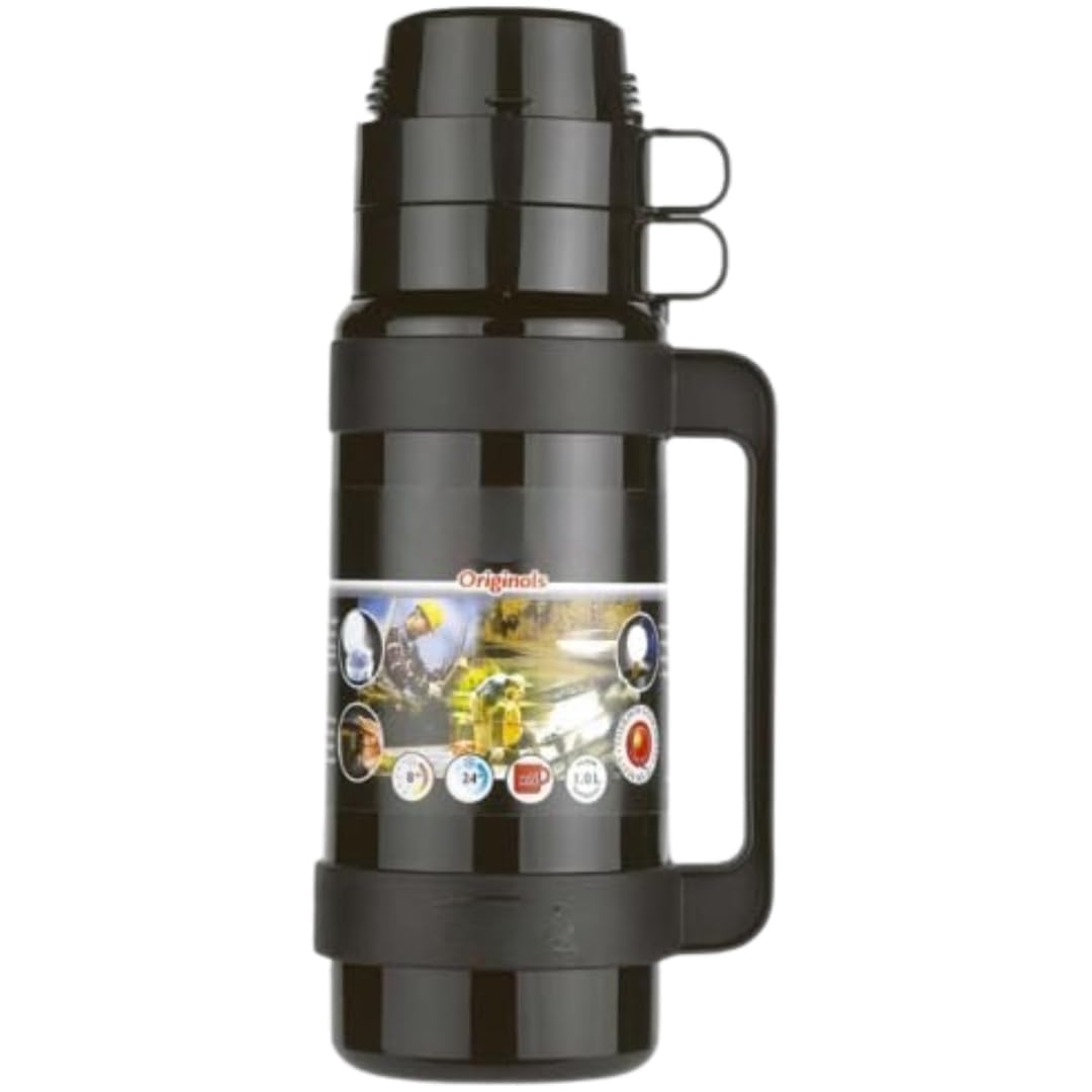 Glass Vacuum Flask Hot & Cold Insulated Thermal Jug | Double-Walled Leakproof Design | Keeps Drinks Hot or Cold 24H | Eco-Friendly Reusable Thermos for Tea, Coffee, Water (Black, 1000ml)