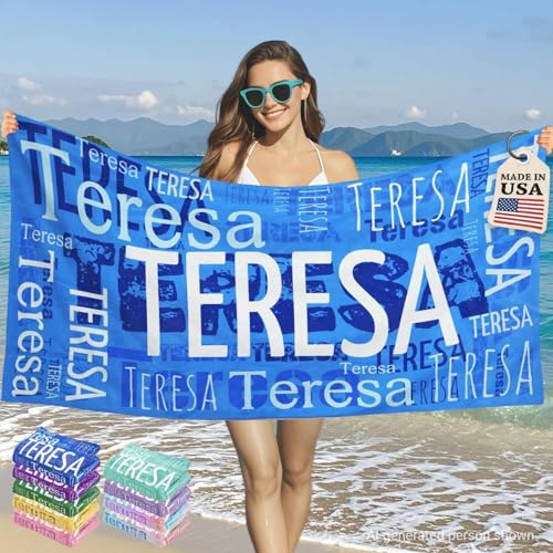 Bemaystar Ships Next Day Personalized Beach Towels with Names - Custom Beach Towel Printed in USA - Personalized Towels for Adults for Pool Vacation - Custom Gifts for Men Women Kids-Light Blue