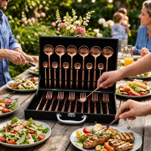 Image of 24-Piece Rose Gold Stainless Steel Cutlery Set with Premium Storage Textured Plastic Box | Mirror Finish Flatware for 6 | Dinner Spoons, Forks, Knives & Teaspoons | Luxury Gift Set