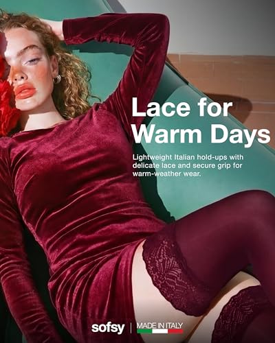 Image of sofsy 100% OEKO-TEX Certified - Italian Women's Opaque Thigh High Stockings | Ultra Soft Dual Silicone Lace Top Stay Ups