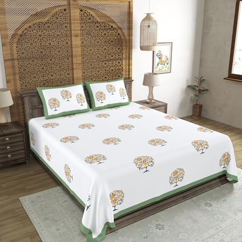 Image of BLOCKS OF INDIA Hand Block Printed 200 TC Cotton King Size Bedsheet (Green Tree of Life)
