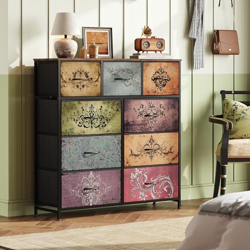 Image of WLIVE 9 Drawer Dresser, Fabric Storage Tower for Bedroom, Hallway, Closet, Tall Chest Organizer Unit for Bedroom with Fabric Bins, Steel Frame, Wood Top, Easy Pull Handle, Pattern