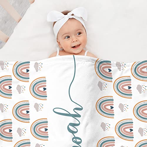 Image of Custom Baby Name Blanket, Personalized Baby Blanket with Boho Rainbow and Hearts, Customized Christmas Birthday Expecting Mom Gift for Baby, Easter Showers Gifts for Kids Girls