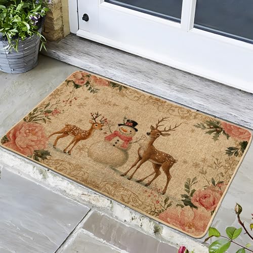 Felpudo de invierno con diseño floral de Navidad, muñeco de nieve y reno, para entrada de vacaciones, decoración rústica, goma impermeable, antideslizante, absorbe el polvo, fácil de limpiar, 29 x 17