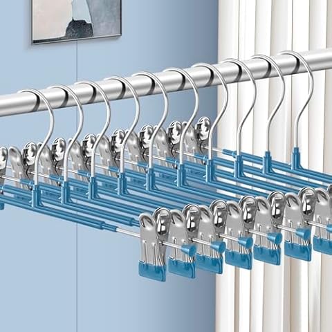 HWAJAN Pants Hangers with Clips 10 Pack Adjustable Skirt Hangers for Women Non-Slip Trousers Hanger for Jeans Clothes Hangers for Pants Heavy Duty Space Saving Shorts Hangers,Blue,12Inch Cover