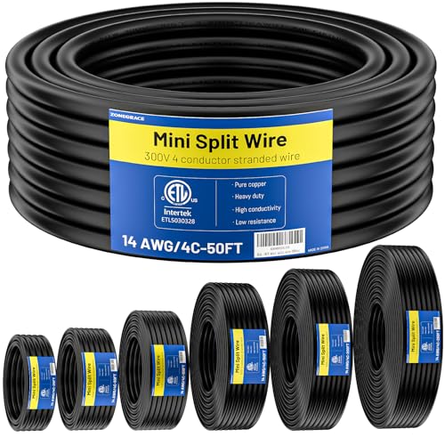 ZONEGRACE 14/4 Mini Split Cable Mini Split Communication Wire 50FT 14 AWG 4 Conductor Stranded 100% Pure Copper ETL Listed 300V 105C Color Coded for Heat Pump HVAC Thermostat