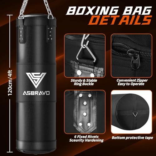 ASBRAVO Boxsack Set für Erwachsene, 120cm schwere Boxsack mit 12oz Handschuhen, 5m Handverpackungen für MMA Karate Kickboxing Boxen Home Gym Training - Ungefüllt