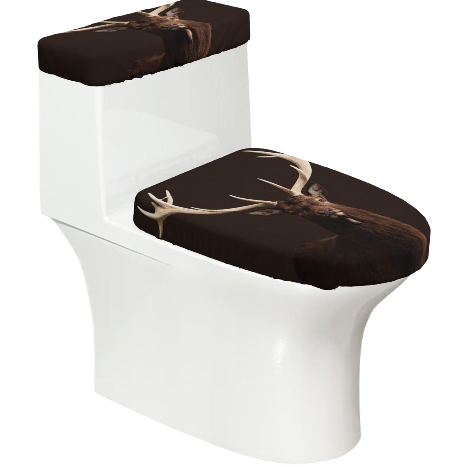 Cntdbu Black Deer Antler Line Elastic Toilet Cover Set Of 2-Stretchy Lid And Tank Covers For Bathroom, Soft Washable U Shape Toilet Decor