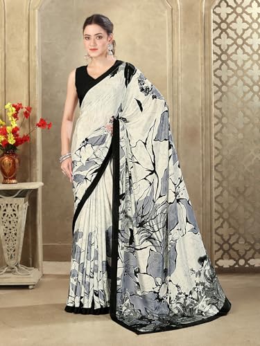 Image of SIRIL Women's Crepe Silk Printed Saree with Unstitched Blouse Piece