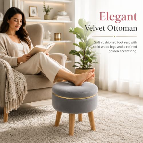 Image of Ottoman Stool for Living Room Foot Rest | Velvet Small Ottoman Foot Stool | Solid Wood Legs | Footstool Puffy for Home, Bedroom & Makeup Table | 30 x 30 cm (12 x 12 Inch) | Grey