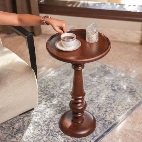 Image of Eclipse End Table Wooden Side Table Dark Acacia Finish 64cm | Living Room | Bedroom, Bedside Table | Nightstand, Sofa Side Table, Round Top Accent Table