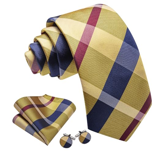 Image of Barry.Wang Plaid Ties for Men Silk Necktie Handkerchief Cuff Links Set