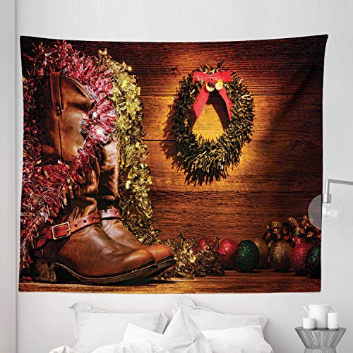 Lunarable Western Tapestry King Size, Country Design With Cowboy Boots And Christmas Celebrations In A Vintage Cabin Lodge, Wall Hanging Bedspread Bed Cover Wall Decor, 104" X 88", Brown #TOP13