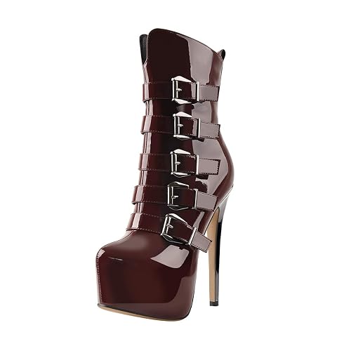 Only maker Women's Stiletto Platform Boots Lace Up Ankle Booties - 9 UK Burgundy