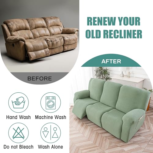 Image of Genina Recliner Sofa Covers - Stretch Reclining Couch Covers with Stripe Jacquard - 3 Seat Cushion Slipcovers with Soft Fabric - Furniture Protector for Pet Kid (Matcha Green)