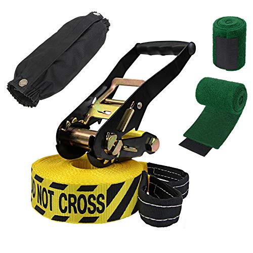 ALPIDEX Slackline 15 m 2t + 2 x Protector de árbol + Protector de trinquete, Color:Do Not Cross. Amarillo