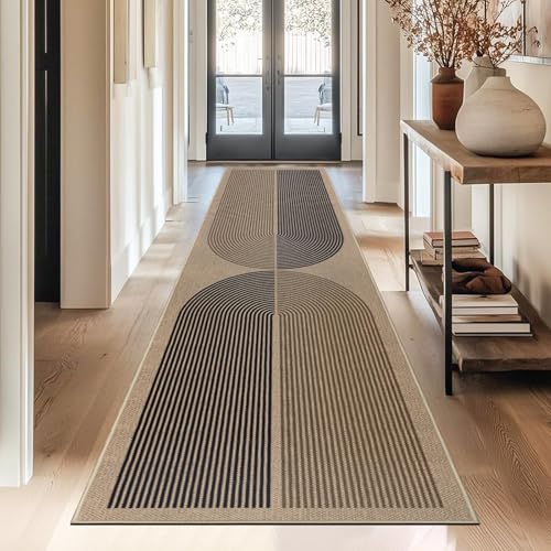 Capslpad Tapis de couloir 80 x 300 cm avec aspect jute, tapis de cuisine, lavable naturellement, tapis noir et marron, antidérapant, pour couloir, cuisine, chambre,...