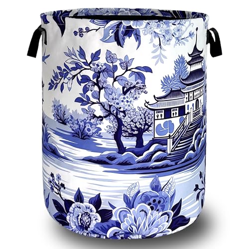 Image of Blue White Porcelain Laundry Basket Oxford Cloth Tote Bag18.9 inchx16.5 inch