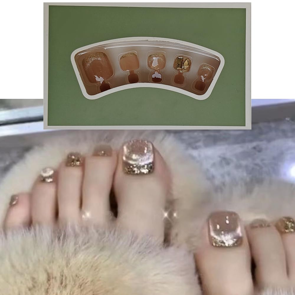 S.A.V.I 24 PCs Nude Cat's Eye Toe Nails Set - Short Natural Square Shape | Big Crystal Glitter Finish | Reusable False Toe Nails for Women | Party, Wedding DIY Kit-image-25