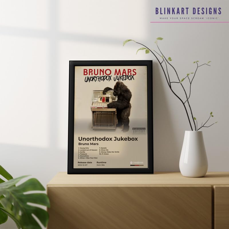 Image of BLINKART Bruno mars - Unorthodox Jukebox Wall Photo Frames | Wall Art for Bedroom, Living Room, Studio or Office | Album Cover Print with Spotify Song Link QR Code | Gift for Fans - 8x12 In