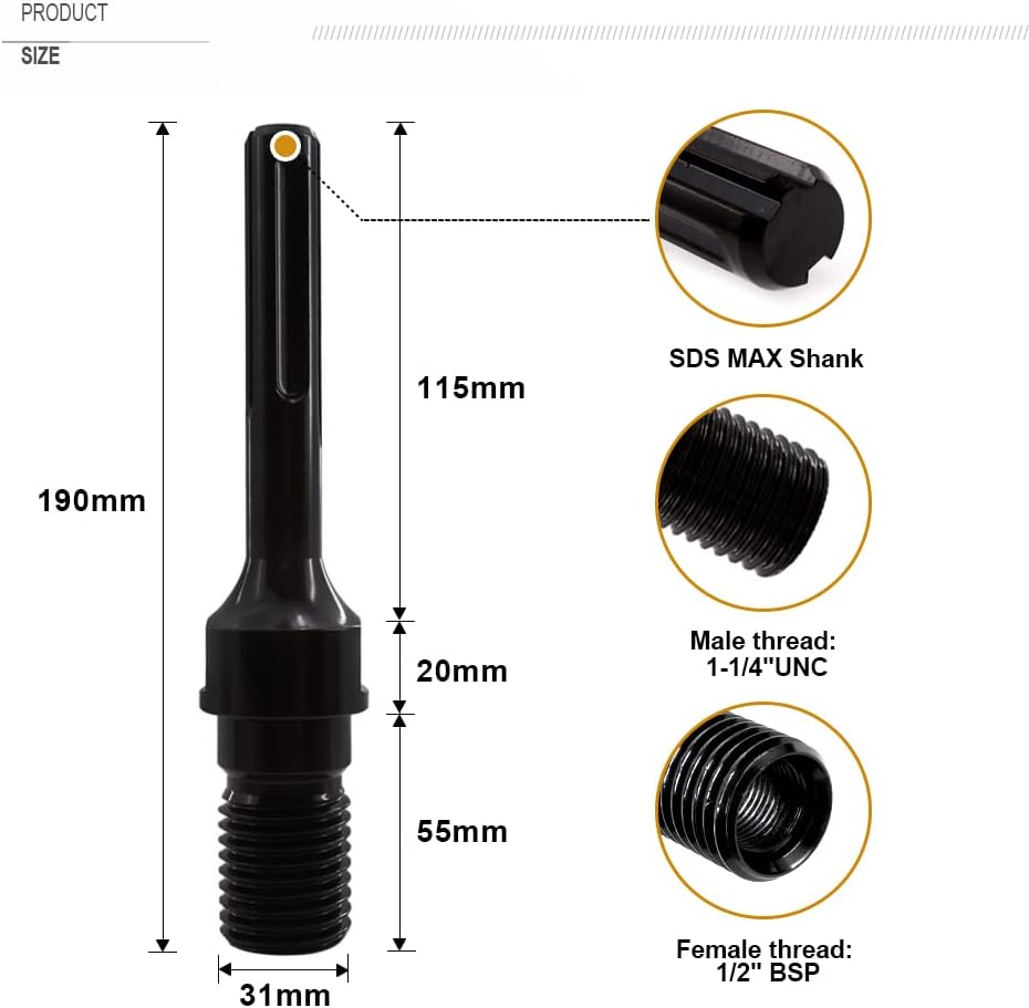 SHDIATOOL Core Drill Bit Adapter 1-1/4“UNC Thread Male to SDS MAX Shank Conversion