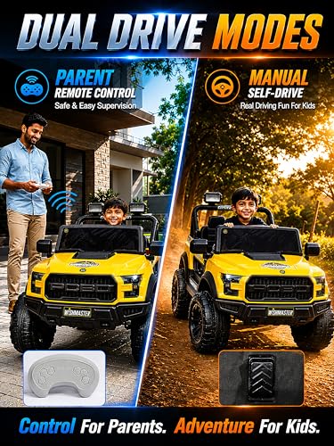 Image of Wishmaster 4x4 Electric Ride-On Car for Kids | 12V Battery Powered SUV Jeep with Remote Control, Manual Drive Mode, LED Lights & Suspension | Off-Road Toy Car for Boys & Girls Aged 2-8 Years