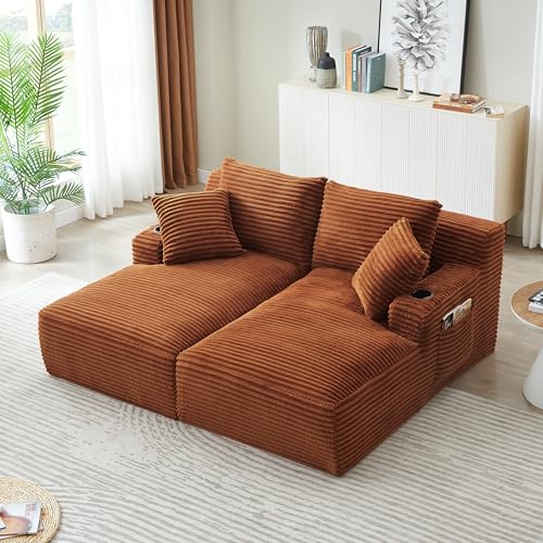 Image of KEIKI Corduroy Double Chaise Lounge with Cup Holders, Sleeper Loveseat | Compressible Boneless Design, Spring-Padded Support and No Assembly Required for Home Offices, Studios and Movie Nights