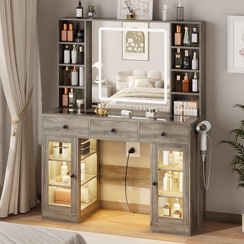 Image of Grey Vanity Desk with Mirror and Lights, Glass Top Vanity with Lighted Mirror & RGB Cabinet and 3 Drawers, Dressing Table with 8 Shelves, Makeup Desk with Lights for Girls Bedroom, 3 Color Modes