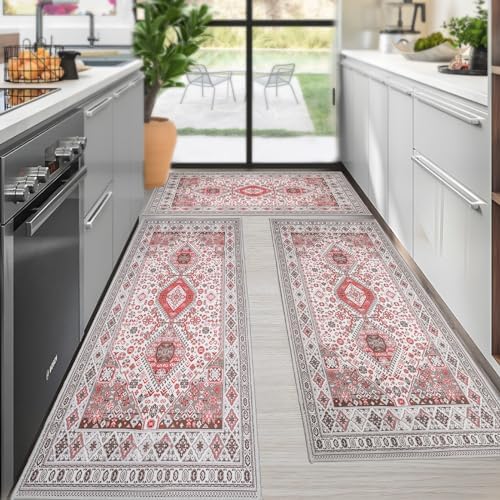 Gold KIAIN Boho Kitchen Rugs Sets of 3, Waterproof Anti