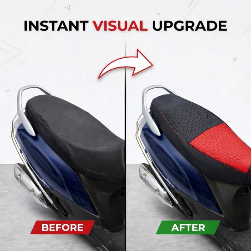 Image of Neodrift Premium Scooty Seat Cover - Suzuki E Access | Red+Black | Anti-Slip & Shock-Absorbing Design | Water-Resistant Fit | Strip Cushioning | Professional Fit | Nappa Art Leather