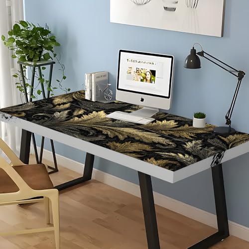 Image of Black Gold Baroque Desktop Sticker 39.37x23.62In, Luxury Leaf Pattern Desk Decal, Easy Clean Table Surface Sticker, Elegant Office Home Decor