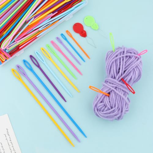 Image of 120 Pcs Plastic Sewing Needles - 4 Sizes of Yarn Sewing Needle with Threader and Box, Large Eye Plastic Sewing Needles, Plastic Needles for Yarn, Knitting Needles for DIY Sewing Handmade Crafts