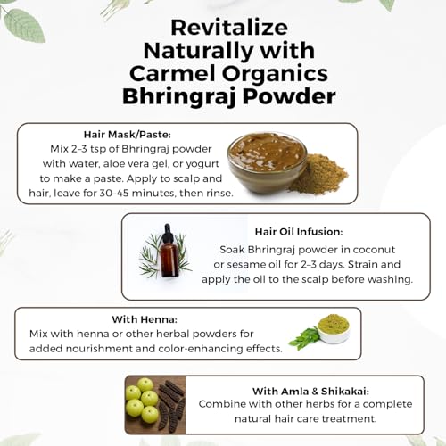 Image of CARMEL ORGANICS Bhringraj Powder 227 Grams for Hair Care for Hair Growth, Scalp Health & Dandruff Control | Natural | No Added Preservatives and Additives| Karisalankanni