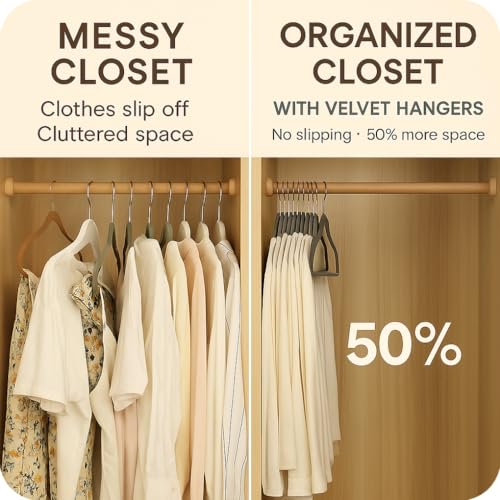 MELA’S Velvet Hangers, Set of 100, Non-Slip Clothes Hanger, Small Tie Bar, Rotating Hook,Thickness 0.6 cm,Space-Saving, Length 44 cm for Coats/Trousers/Ties, Grey/White/Black (Elegant Grey)