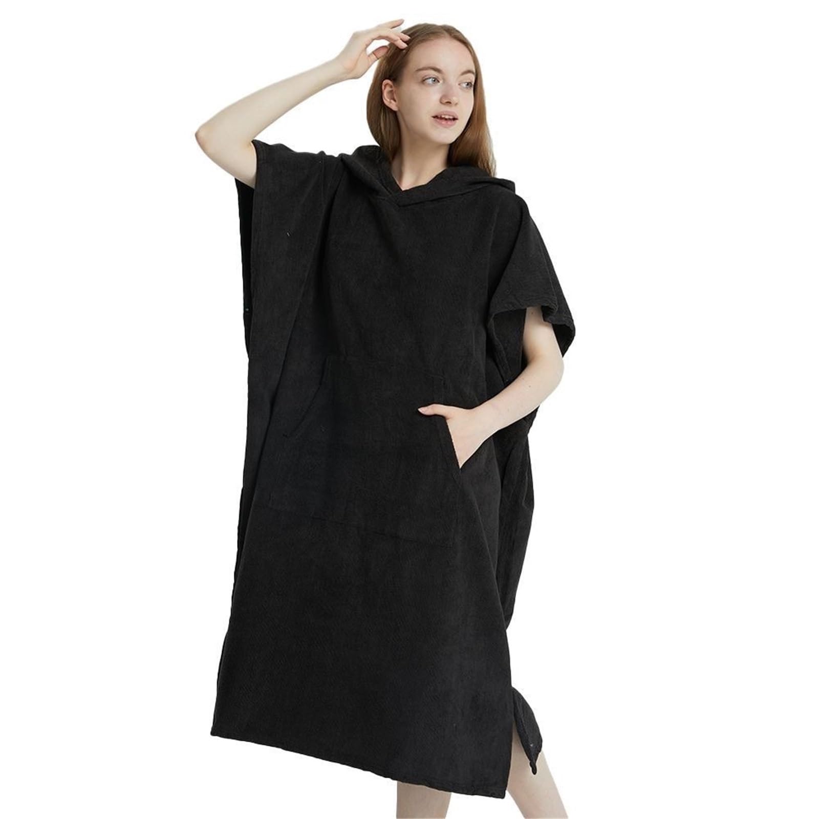 Poncho da spiaggia con asciugamano, ad asciugatura rapida, cappuccio, accappatoio, bagno, poncho for adulti per Spiaggia e Sport Acquatici(Black)