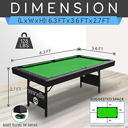 Image of SereneLife 6-Ft Folding Pool Table - Best in Stability - Steel Frame, Fully Supported Slate, Welded Leg Supports with Safety Anti Collapse Locks, 128LB Heavy Duty Billiard Game and Accessory Set