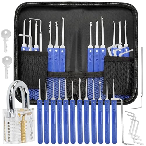 Vunanvu 17 Stück Lockpicking Set Profi Dietrich mit 12 Picks 5 Drehmomentschlüssel Transparentem übungsschloss Schlossknacker zum Öffnen Werkzeug Schloss Knacken Schlagschlüssel für Alle Schlösser